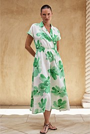 Linen Floral Cap Sleeve Dress