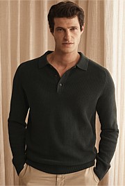 Cotton Rib Knit Long Sleeve Polo