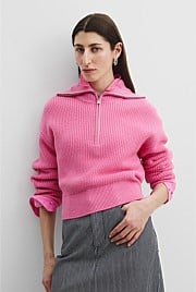 Organically Grown Cotton Blend Zip Neck Rib Knit