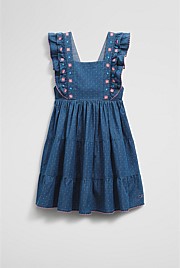 Cotton Chambray Frill Embroidered Dress