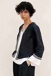 Linen Blend Border Print Popover Shirt
