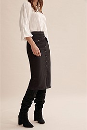 Button Midi Denim Skirt
