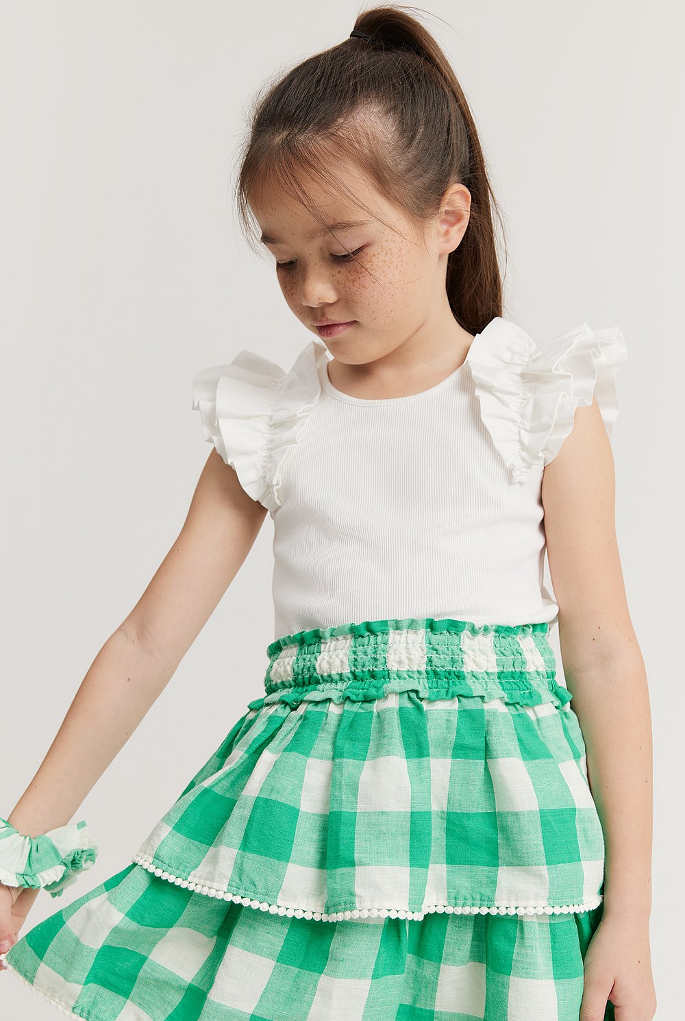 Green Gingham Shirred Tier Skirt - Skirts | Outlet