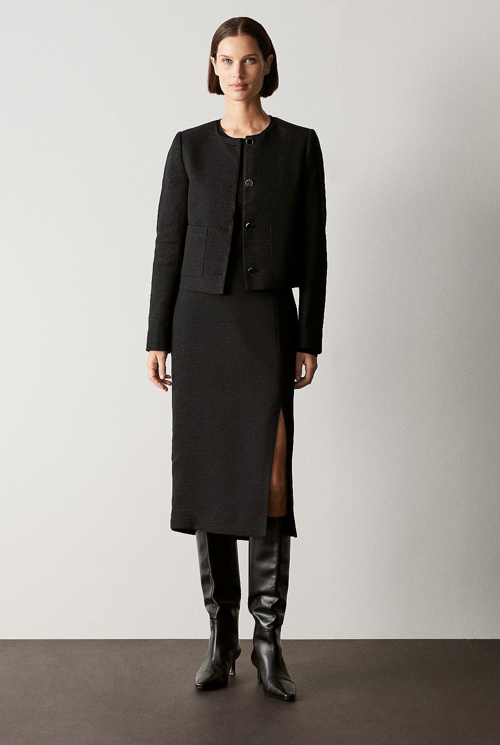 Black Linen Blend Metallic Cropped Jacket Outerwear Outlet