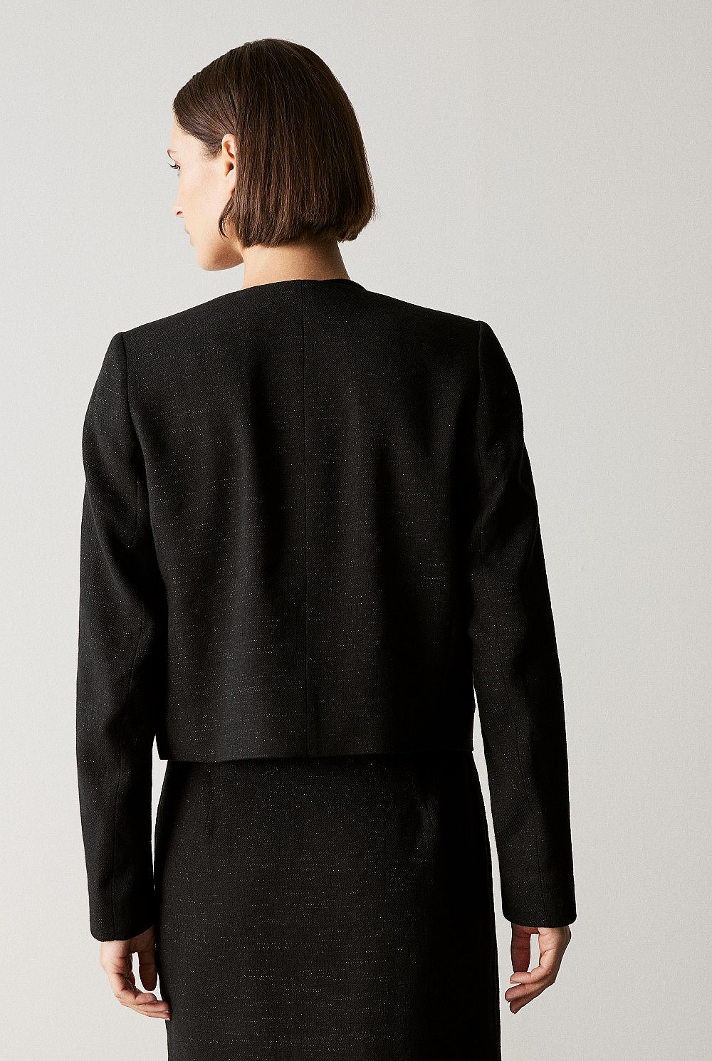 Black Linen Blend Metallic Cropped Jacket Outerwear Outlet