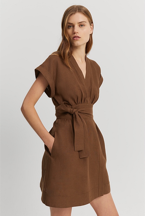 chinese dress ladies Brown Polka Dot Wrap Linen Dress – CANNES-2 – not PERFECT LINEN main image 1