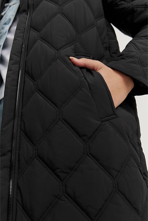 Black Recycled Polyester Longline Puffer Jacket Jackets Coats