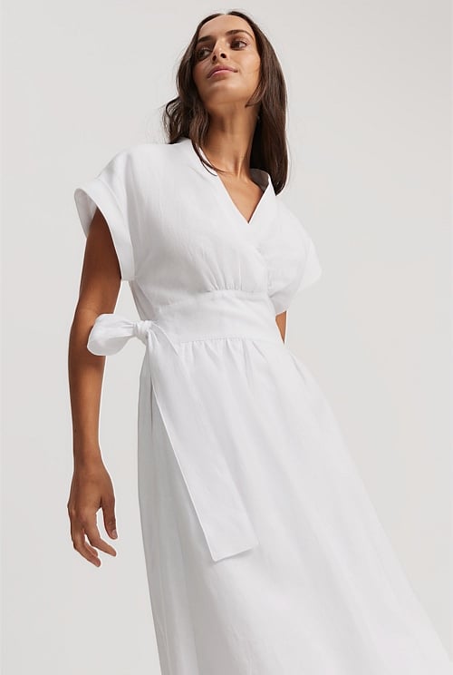 White Organically Grown Linen Wrap Midi Dress Dresses Outlet